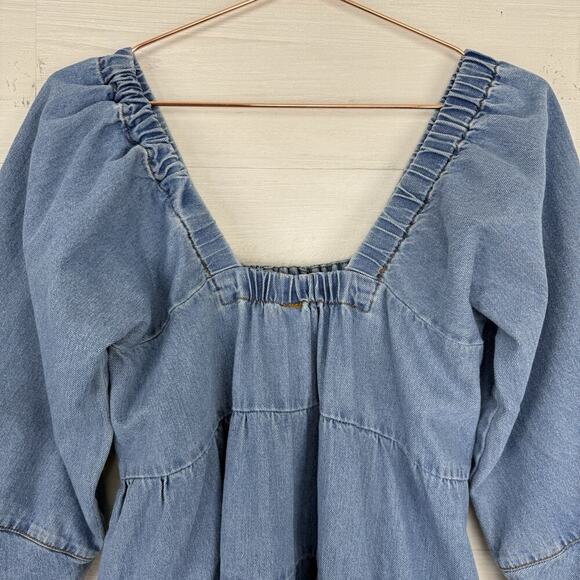 Free People Denim Babydoll Dress Women XS Light Blue Square Neck Balloon Sleeves - Picture 10 of 16